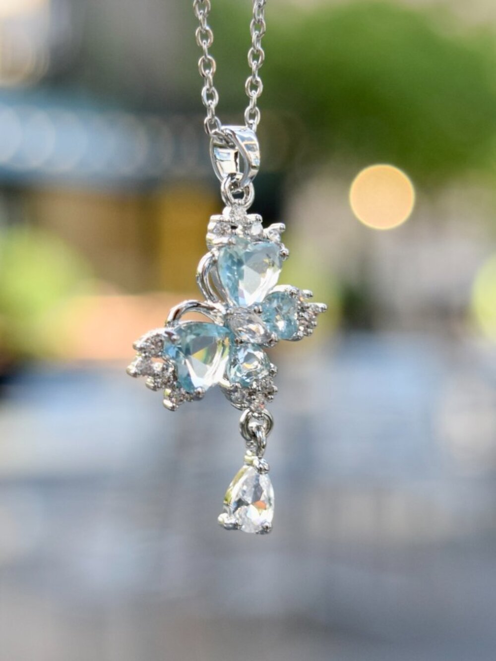 Princess Icy Blue Butterfly Charm Necklace - Stainless Steel Chain